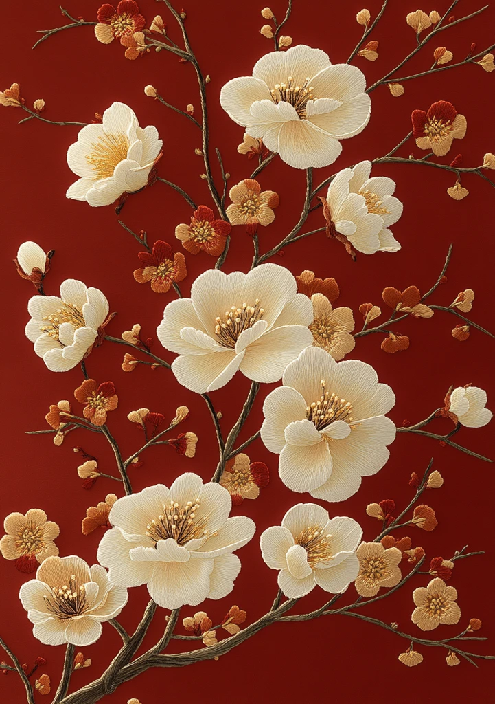 白花枝叶刺绣图