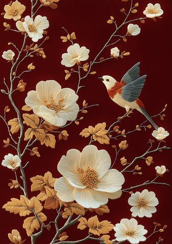 红底白花刺绣图案