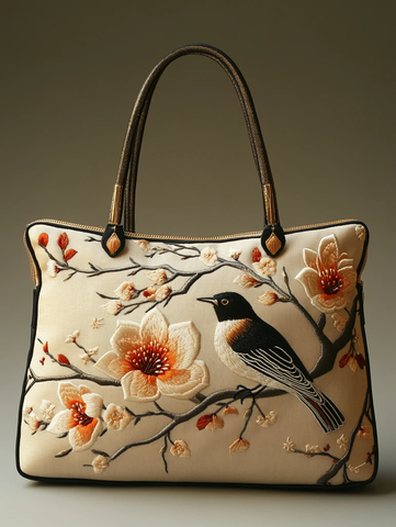 木兰花鸟刺绣手提包