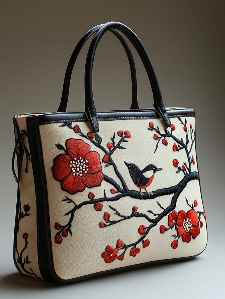 木兰花鸟刺绣托特包