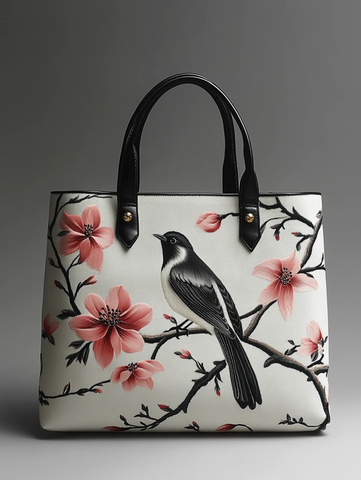 木兰花鸟刺绣托特包