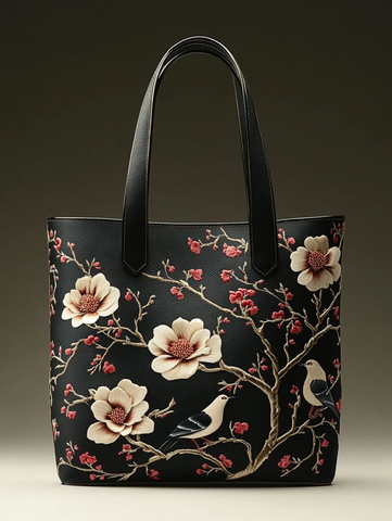 木兰花鸟刺绣托特包