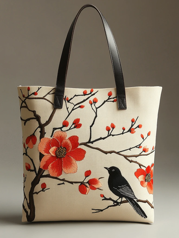 木兰花鸟刺绣手提袋