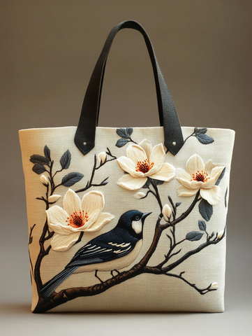 木兰花鸟刺绣手提袋