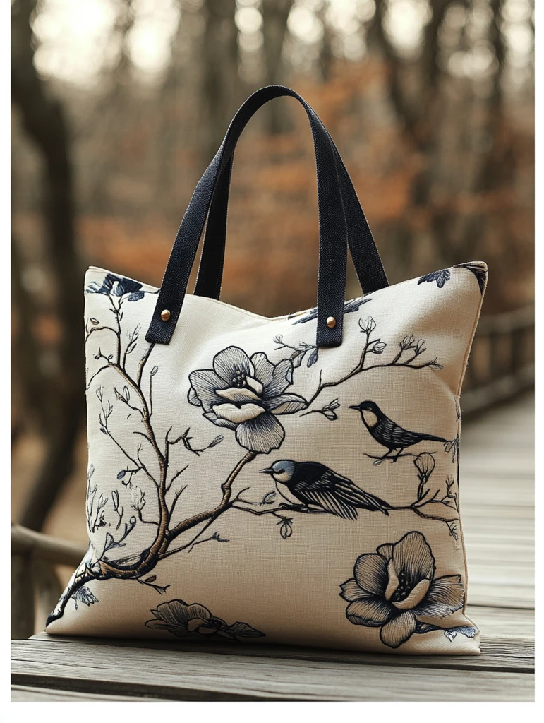 木兰花鸟刺绣手提袋