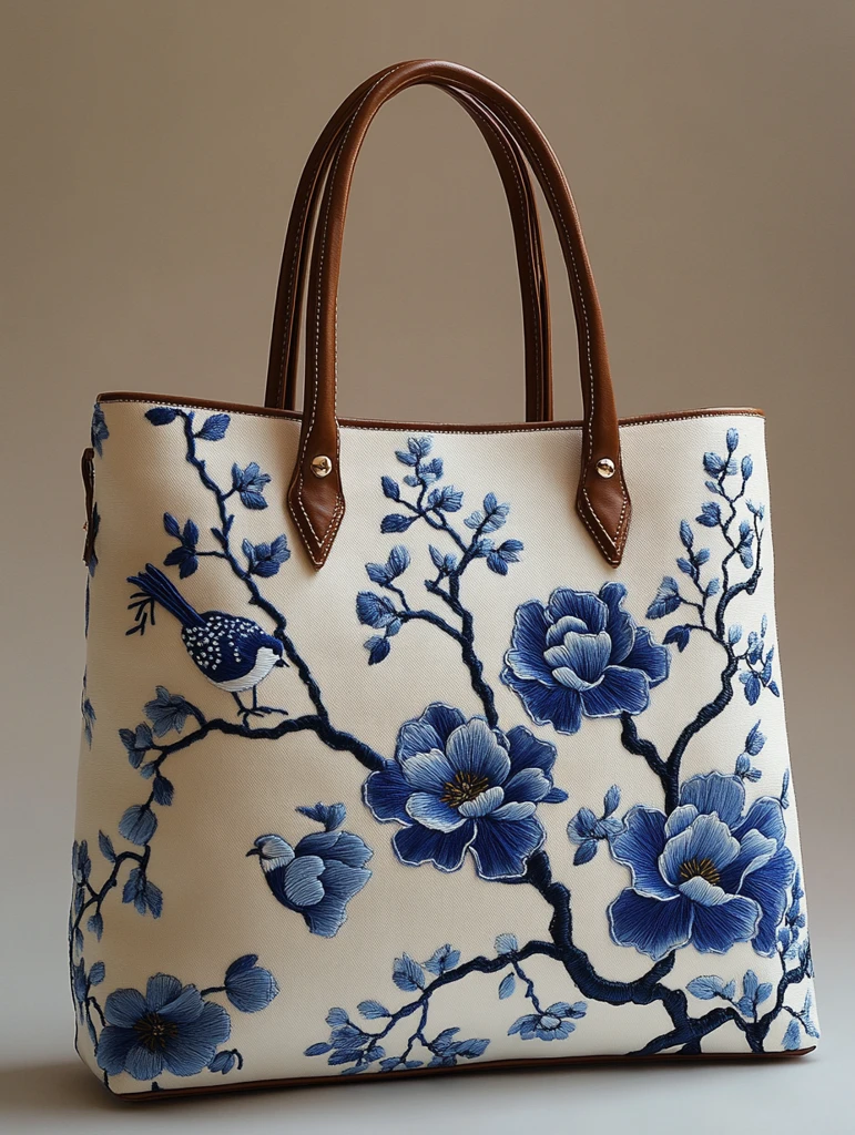 蓝白刺绣木兰花手提袋