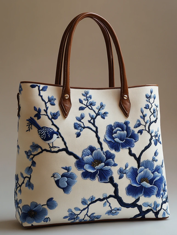 蓝白刺绣木兰花手提袋