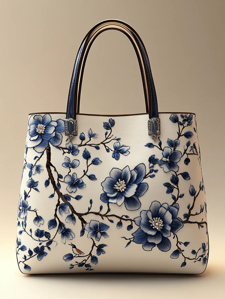 蓝白刺绣木兰花手提袋