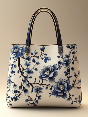 蓝白刺绣木兰花手提袋