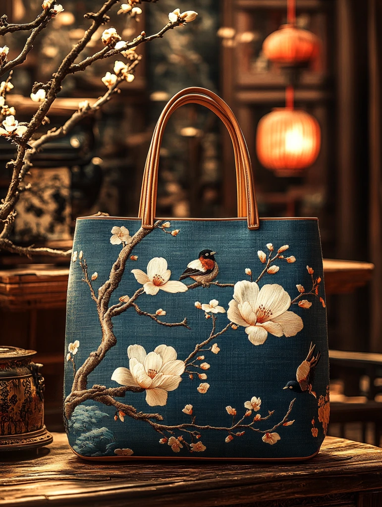 蓝白刺绣木兰花手提袋
