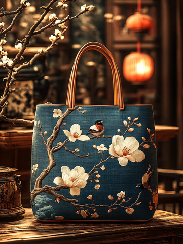 蓝白刺绣木兰花手提袋