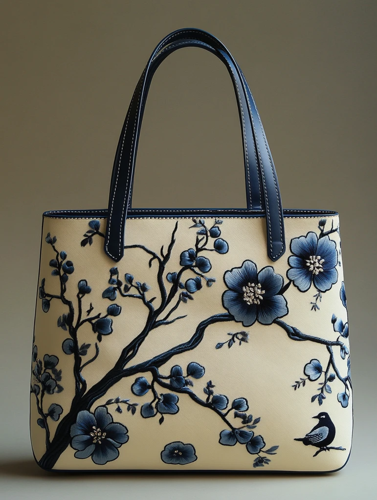 蓝白刺绣木兰花手提袋
