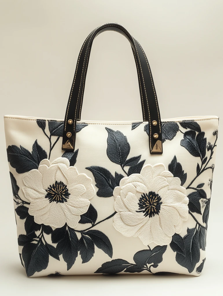 简约花朵刺绣托特包