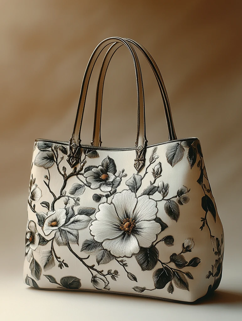 简约灰白木兰刺绣托特包