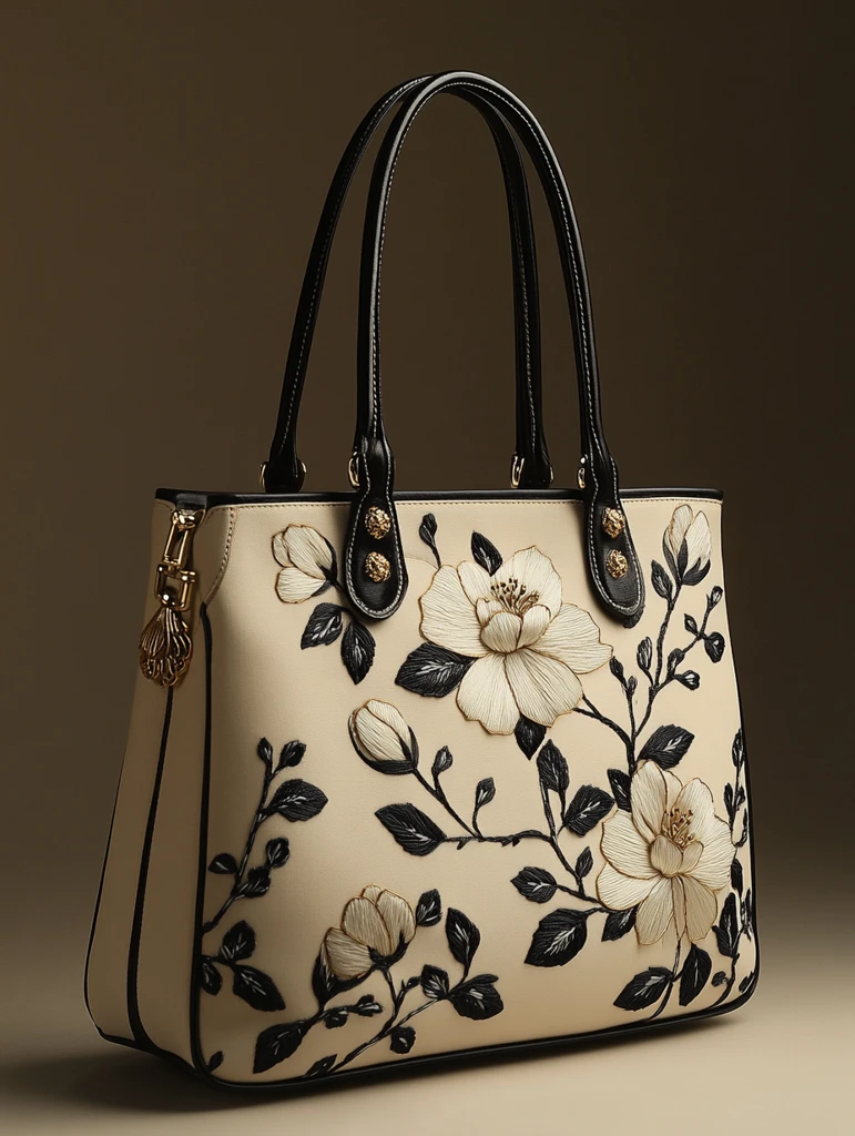 简约灰白木兰刺绣托特包