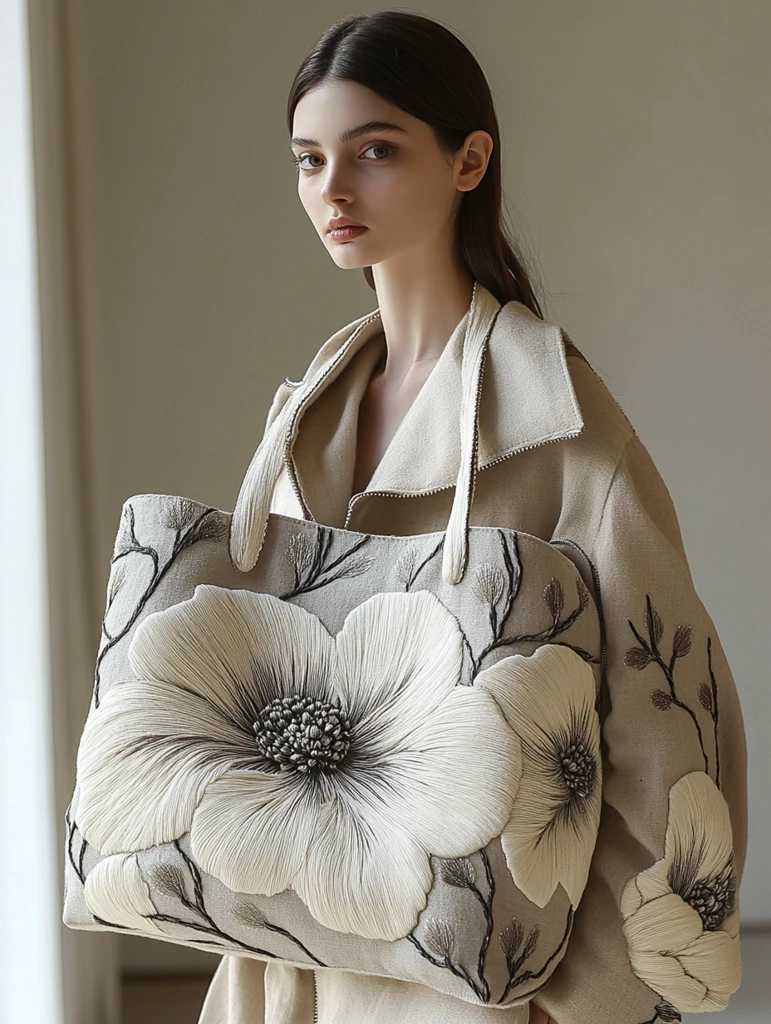 简约灰白木兰刺绣托特包