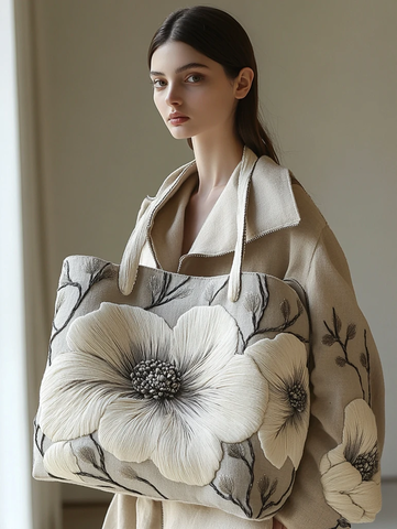 简约灰白木兰刺绣托特包