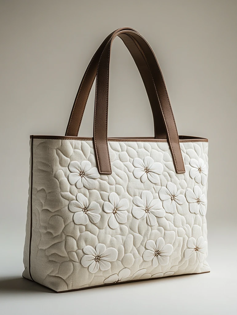 简约灰白木兰刺绣托特包