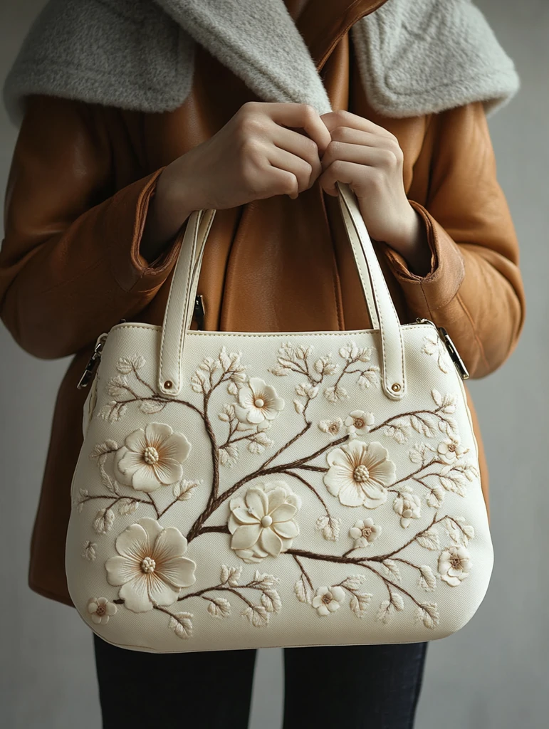 奶油白花朵刺绣托特包