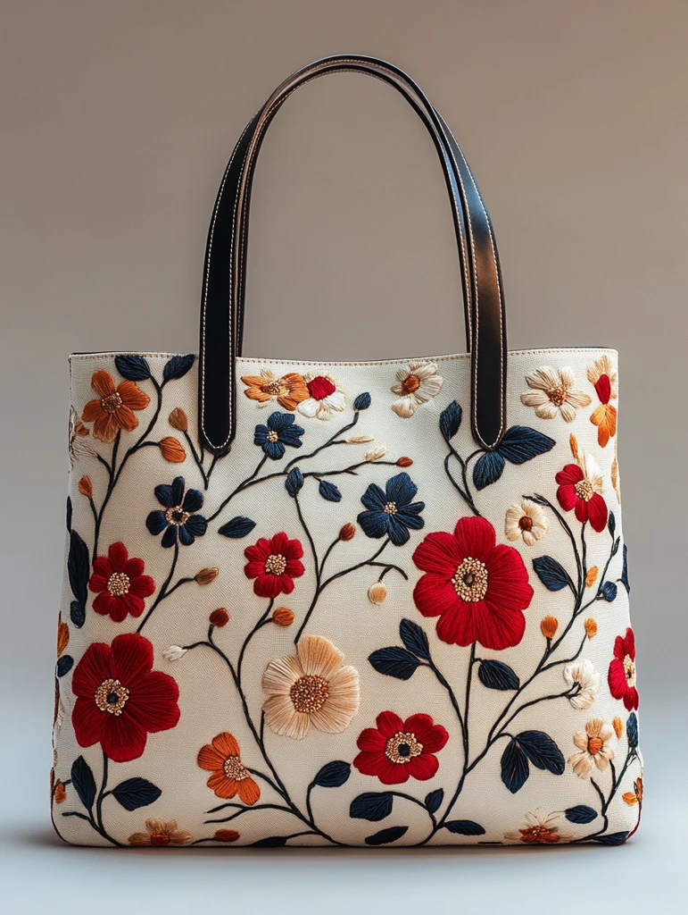 奶油白花朵刺绣托特包