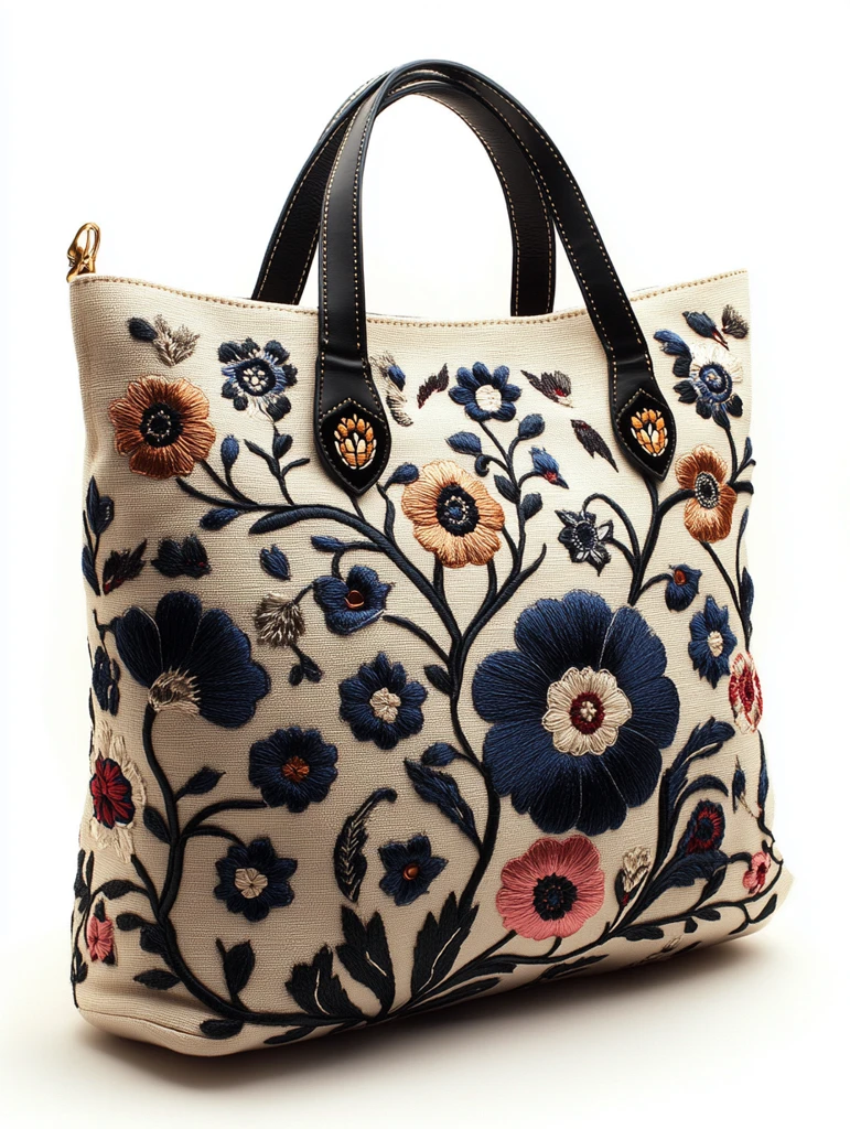 奶油白花朵刺绣托特包