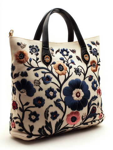 奶油白花朵刺绣托特包