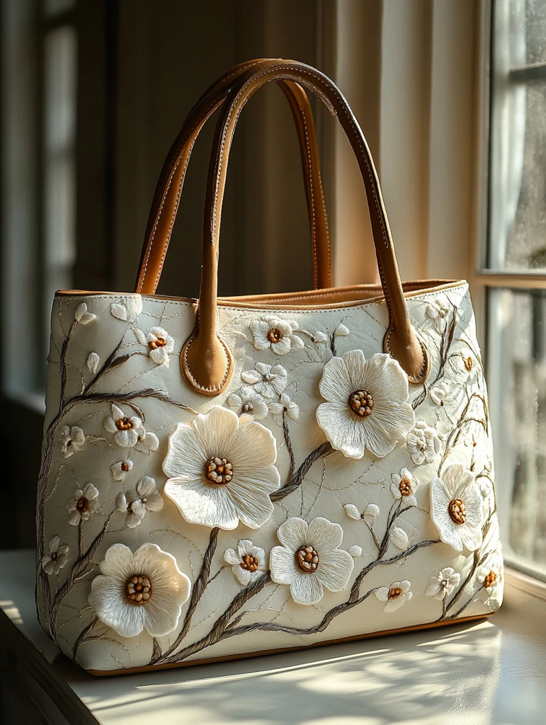 奶油白花朵刺绣托特包