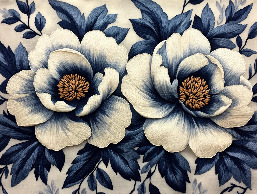 白线牡丹刺绣图案