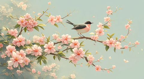 粉色花朵飞鸟图