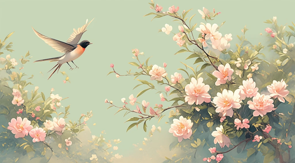粉色花朵飞鸟图