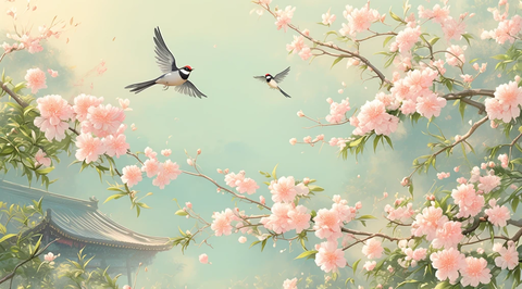 粉色花朵飞鸟图