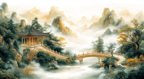 金蓝绿山景刺绣