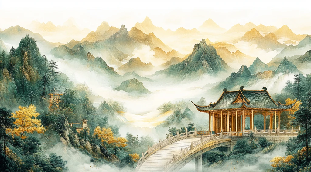 金蓝绿山景刺绣