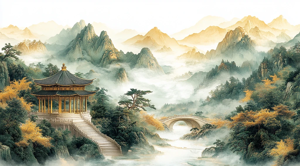 金蓝绿山景刺绣