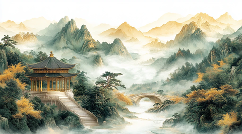 金蓝绿山景刺绣