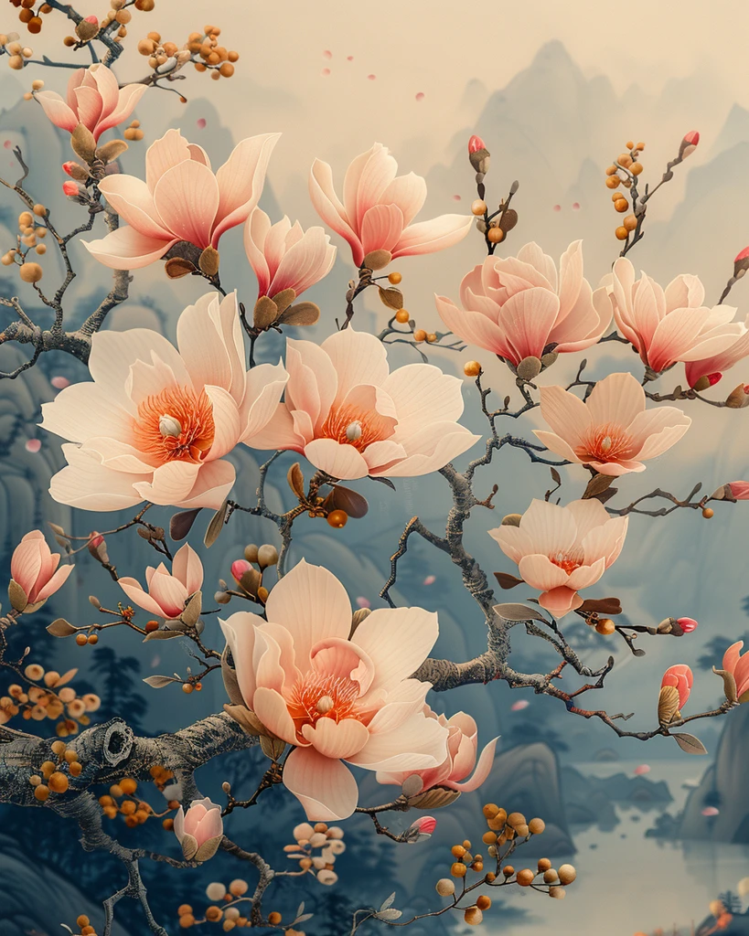 玉兰花枝对称图