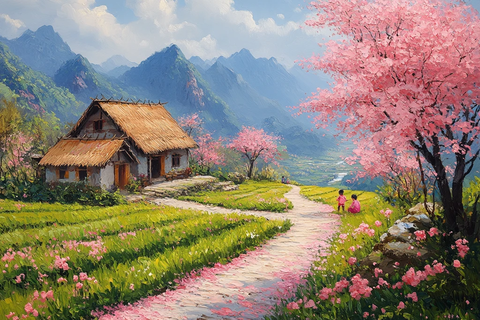 梯田桃林溪流景