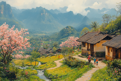 梯田桃林溪流景