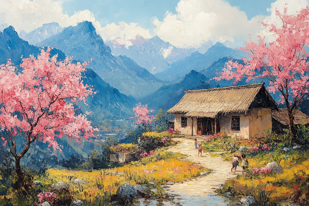 梯田桃林溪流景