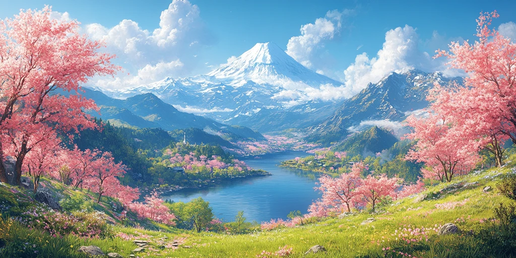 樱花湖景雪峰图