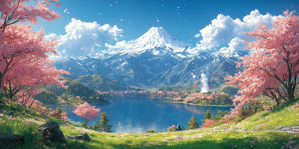 樱花湖景雪峰图