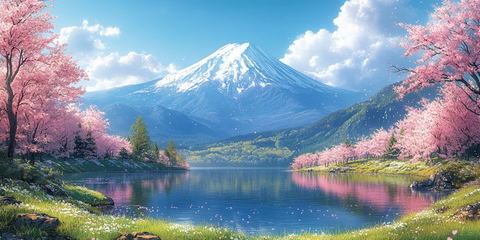 樱花湖景雪峰图