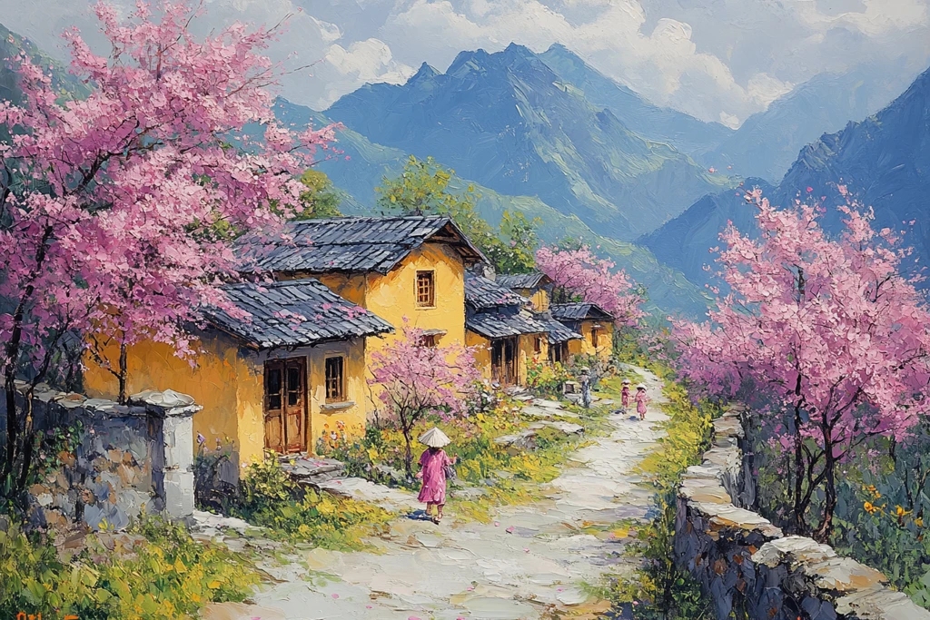 春花覆盖的村庄
