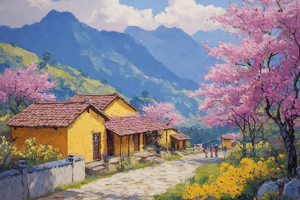 春花覆盖的村庄