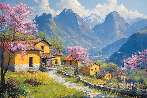 春花覆盖的村庄