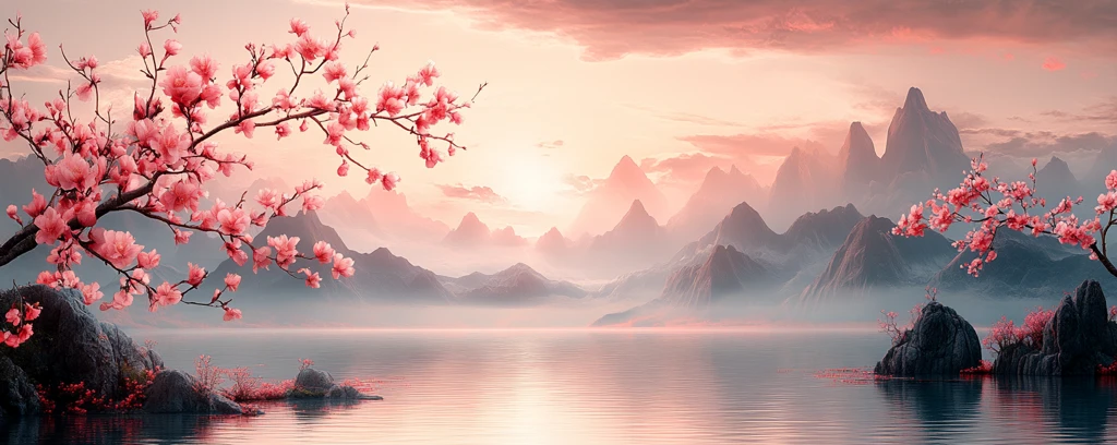 桃花盛开山景远