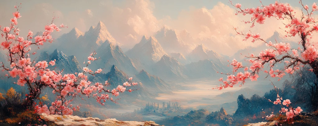 桃花盛开山景远