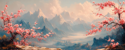 桃花盛开山景远