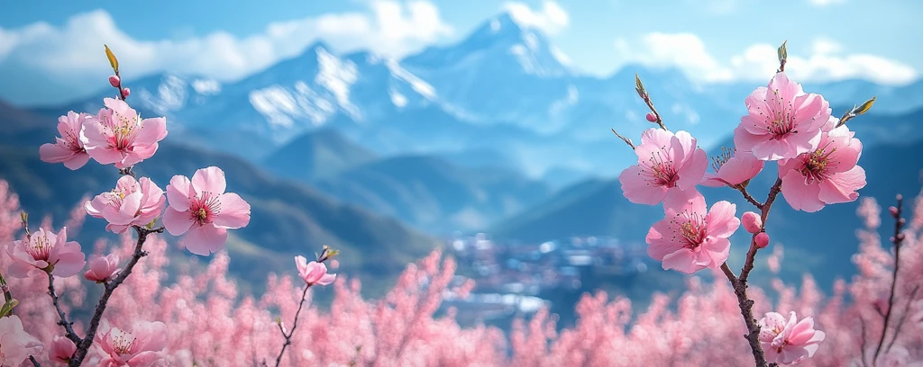 桃花盛开山景远