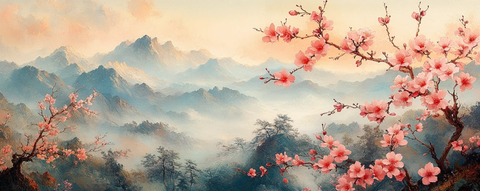 桃花盛开山景远